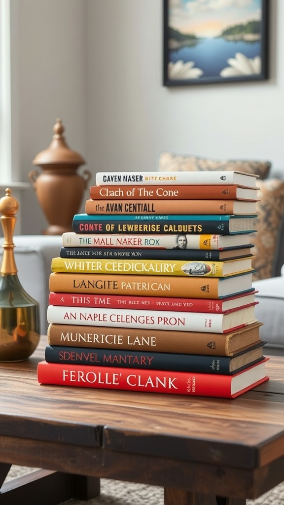 A stack of colorful coffee table books with a candle on top, placed on a wooden table.