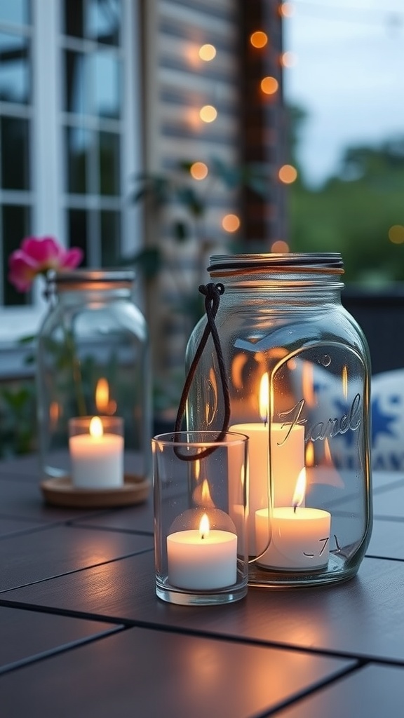 A collection of glass jar lanterns with candles, creating a warm glow in an outdoor setting.