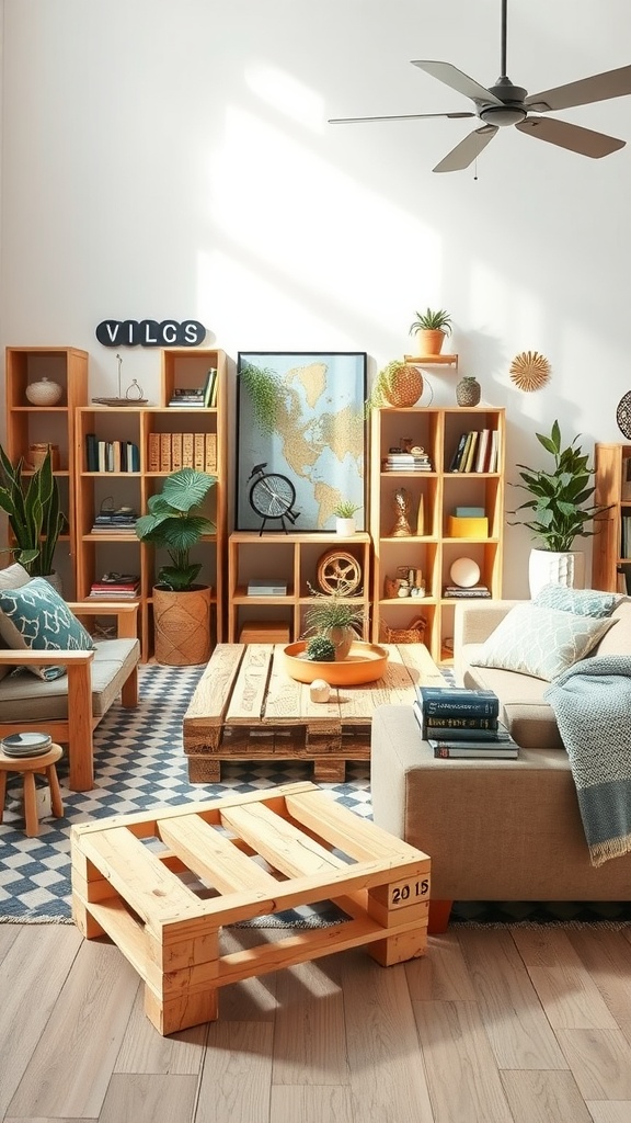 Cozy living room with upcycled wooden pallet furniture, including a coffee table and side table, complemented by plants and decor.