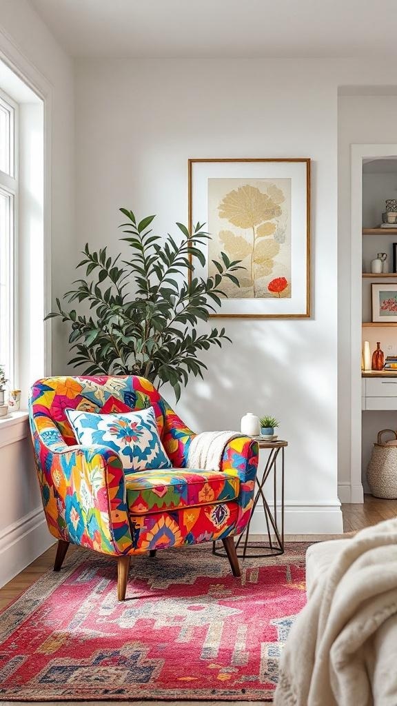 A colorful armchair with patterns in a small living room, accompanied by a plant and a side table.