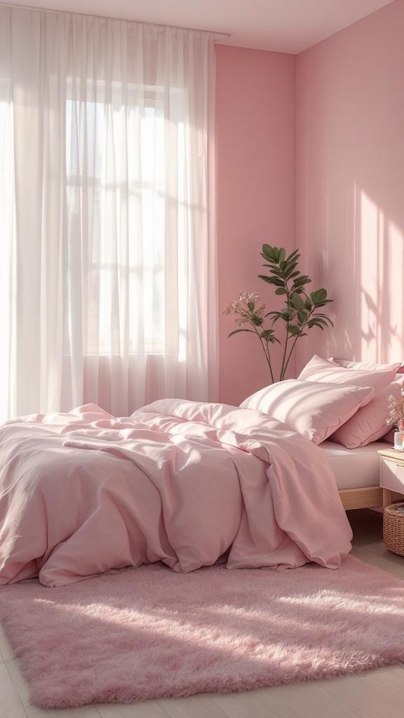 A small bedroom with soft pink walls, light bedding, and sheer curtains, creating an airy feel.