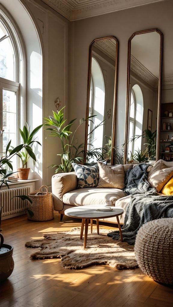 A cozy small living room featuring three tall mirrors, a beige sofa, and green plants, creating an illusion of space.