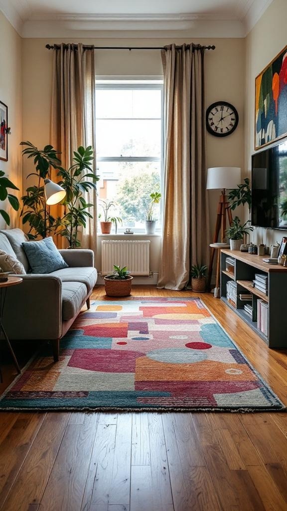 A cozy small living room with a colorful area rug, plants, and soft lighting.