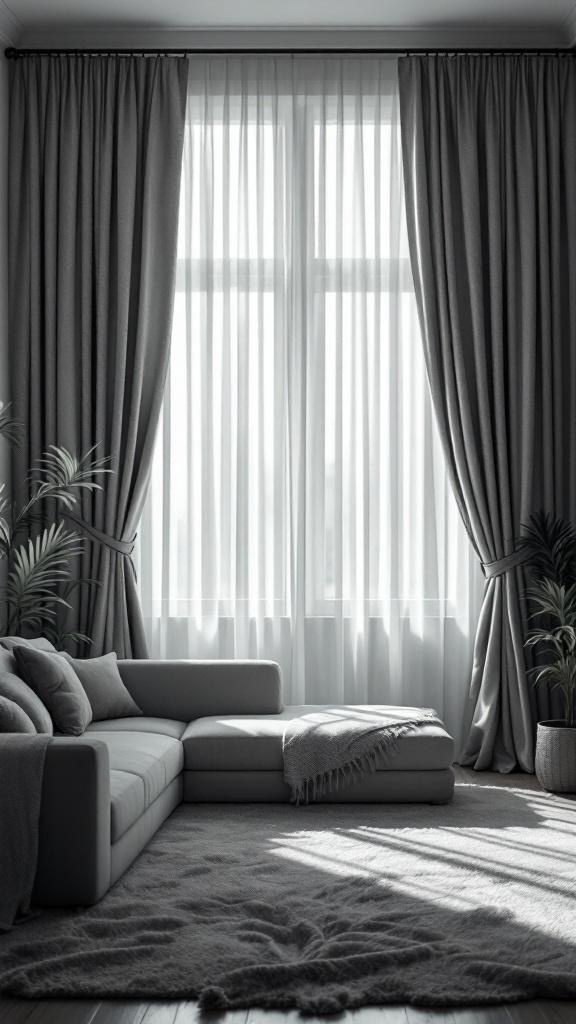 A small living room with long curtains, a gray sofa, and plants, creating a spacious feel.
