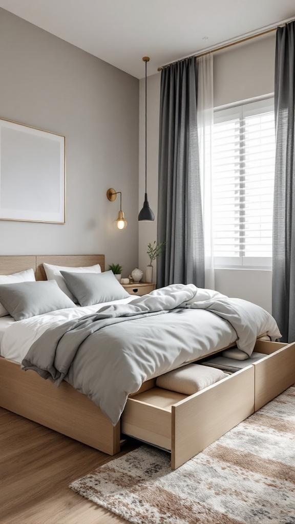 A stylish bedroom featuring a bed with under-bed storage drawers, soft gray bedding, and warm wood accents.