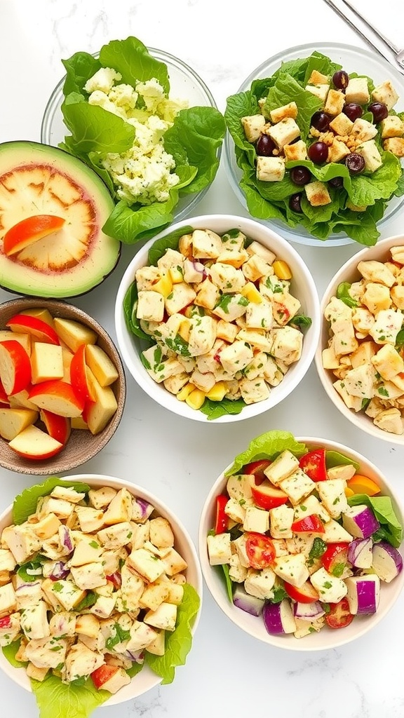 A colorful arrangement of chicken salad variations with various ingredients.