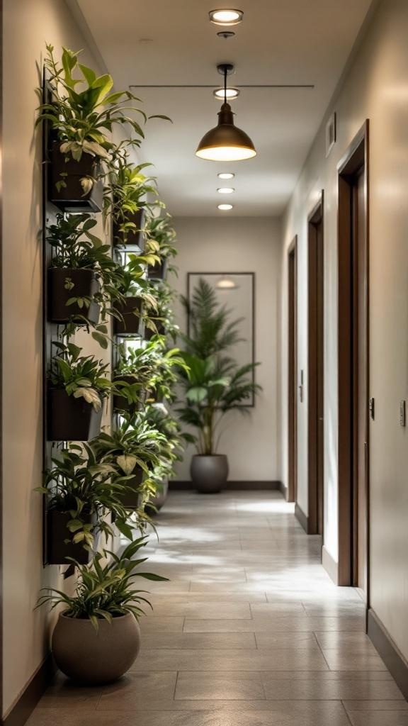 A stylish hallway featuring vertical gardening with wall-mounted planters and potted plants.