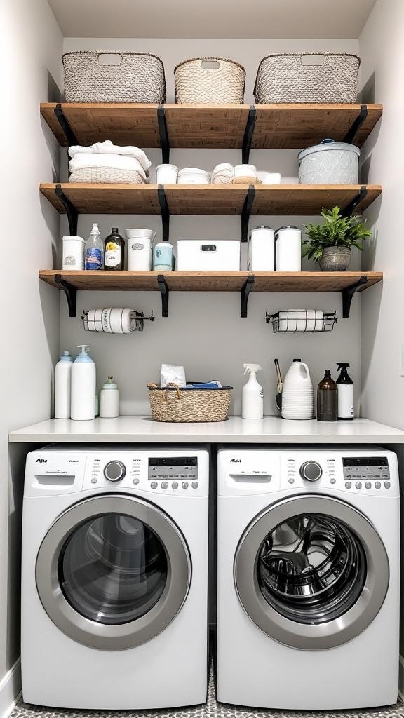A well-organized laundry room with vertical shelves holding baskets and a washing machine.