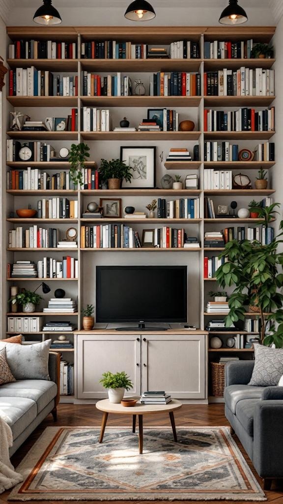 A stylish living room featuring tall bookshelves filled with books and decorative items, a TV unit, and cozy seating.