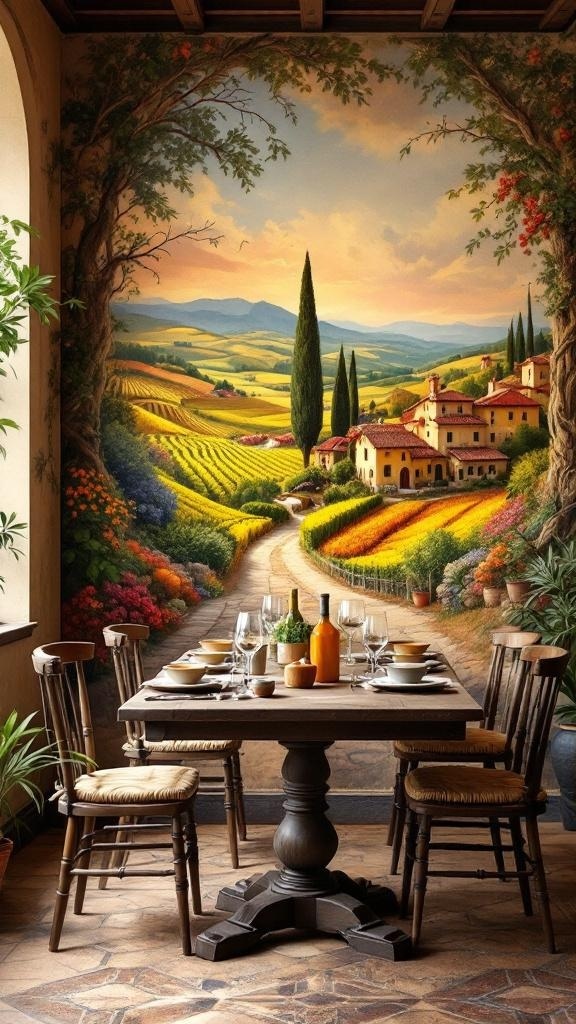 A Tuscan mural depicting rolling hills and villas in a dining room setting