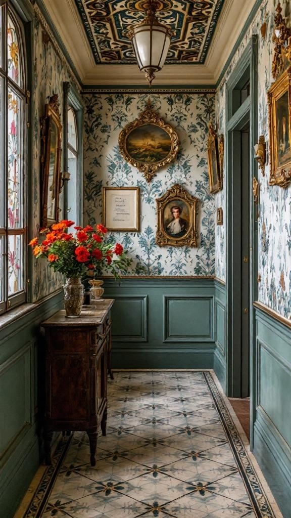 A vintage-inspired hallway with floral wallpaper, ornate frames, and a wooden console table adorned with flowers.