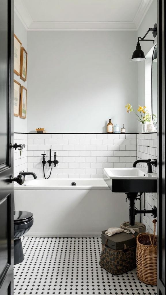 A stylish bathroom featuring vintage black fixtures, white tiles, and patterned flooring.