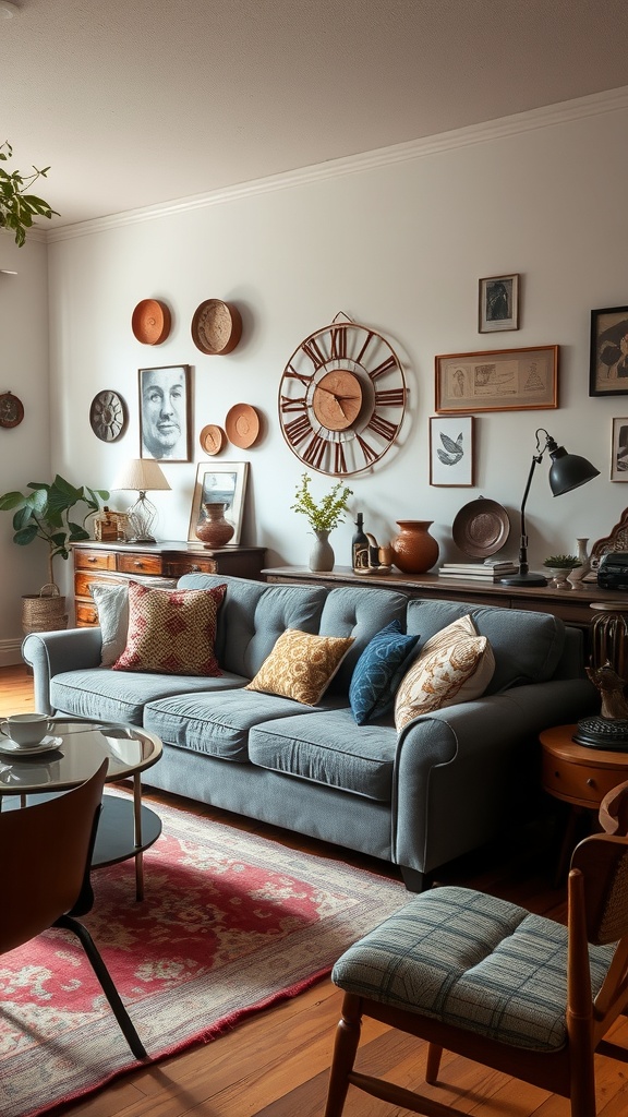 A cozy living room featuring a grey couch with colorful pillows, a wooden side table, and a patterned rug.