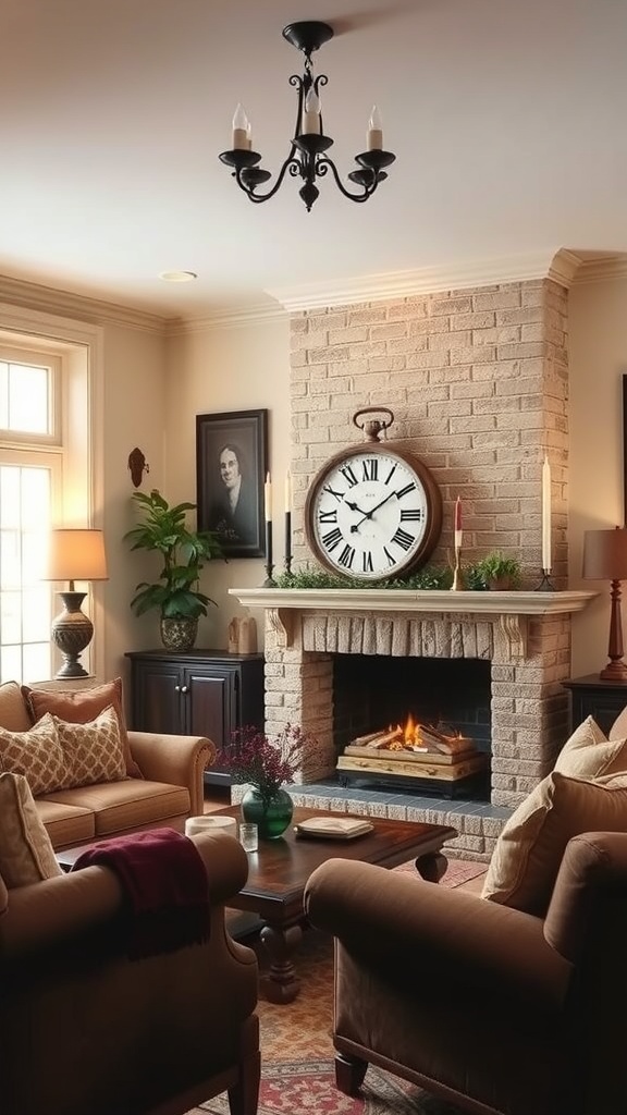 A cozy living room featuring two vintage clocks on a wall, surrounded by comfortable furniture and decorative elements.