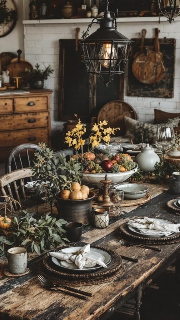 A vintage dark wood dining table set with seasonal decorations, surrounded by rustic kitchen elements.