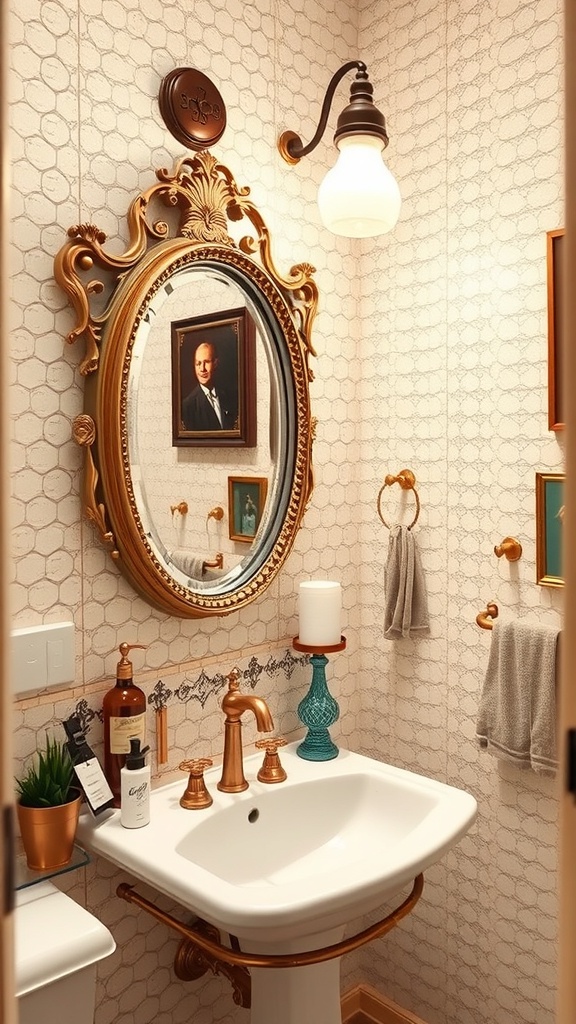 A vintage-inspired bathroom featuring an ornate mirror, wall sconces, and a stylish sink.