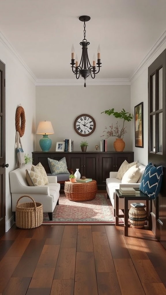 A cozy vintage living room featuring armchairs, a coffee table, a wooden cabinet, and decorative wall art.