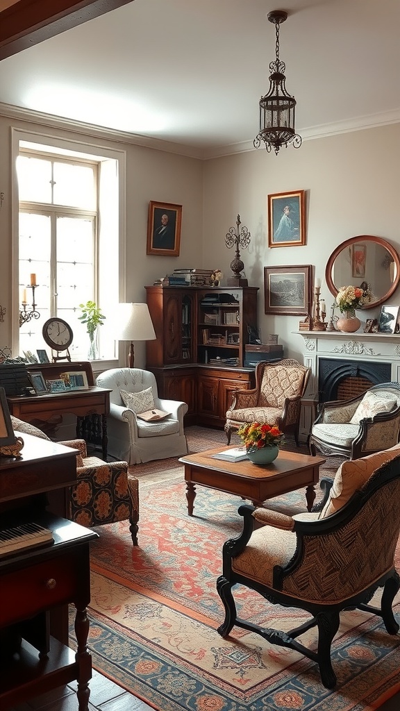 A vintage-inspired living room featuring elegant furniture, a chandelier, and wooden flooring.