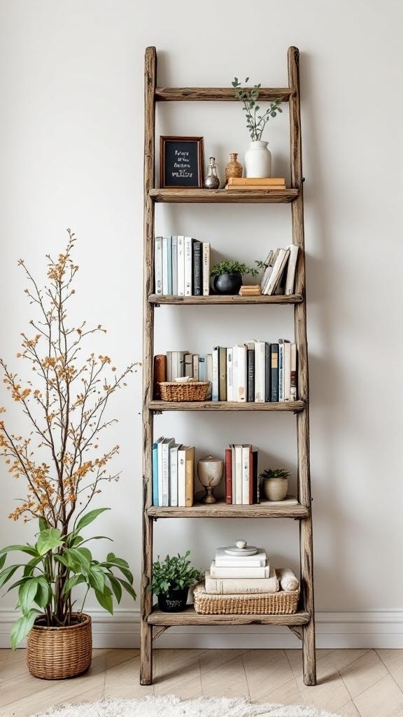 A vintage ladder bookshelf displaying books and decorative items with plants beside it.