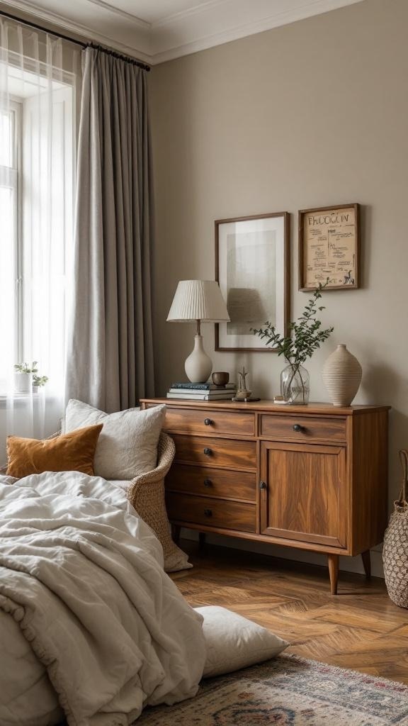 A cozy bedroom featuring a vintage wooden dresser, modern lamp, and soft bedding.
