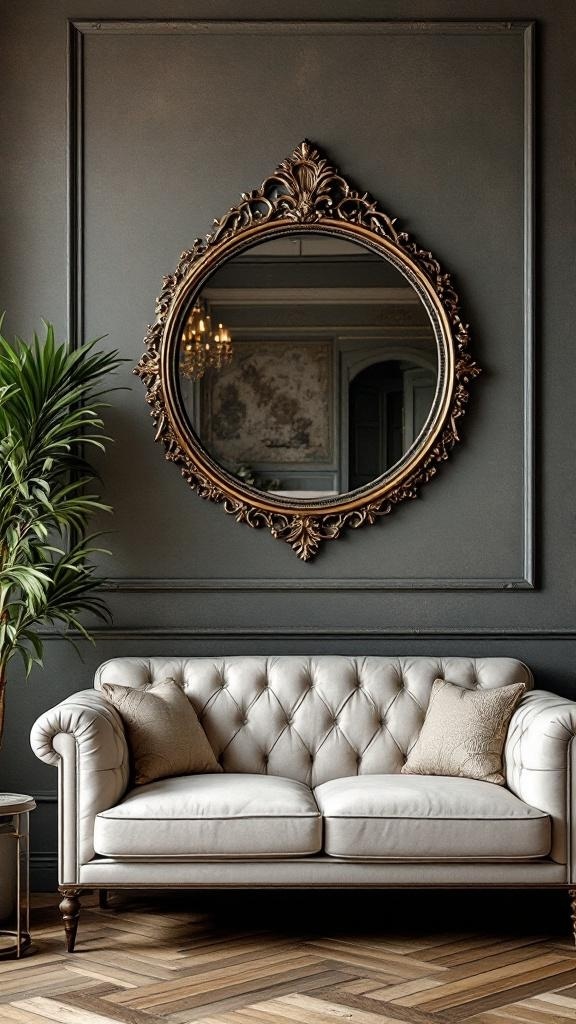 A vintage round mirror with an ornate frame above a tufted sofa in a stylish living room.