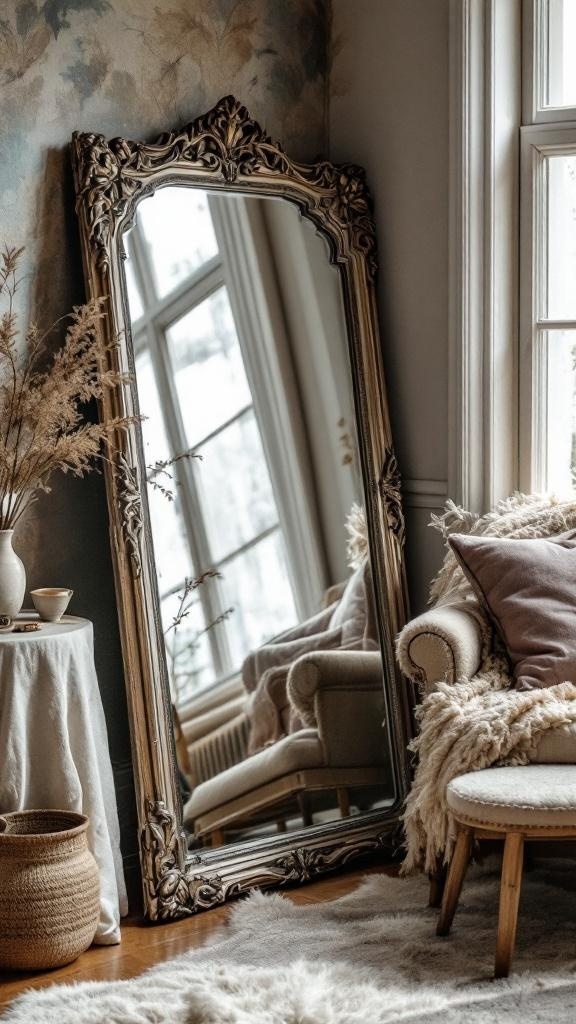 A vintage style leaning mirror with an ornate frame, reflecting a cozy living room with soft furnishings.