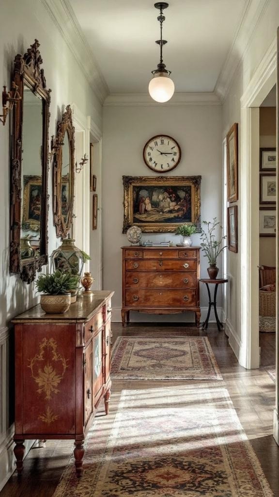 A vintage hallway with antique decor, featuring mirrors, a chandelier, and wooden furniture.
