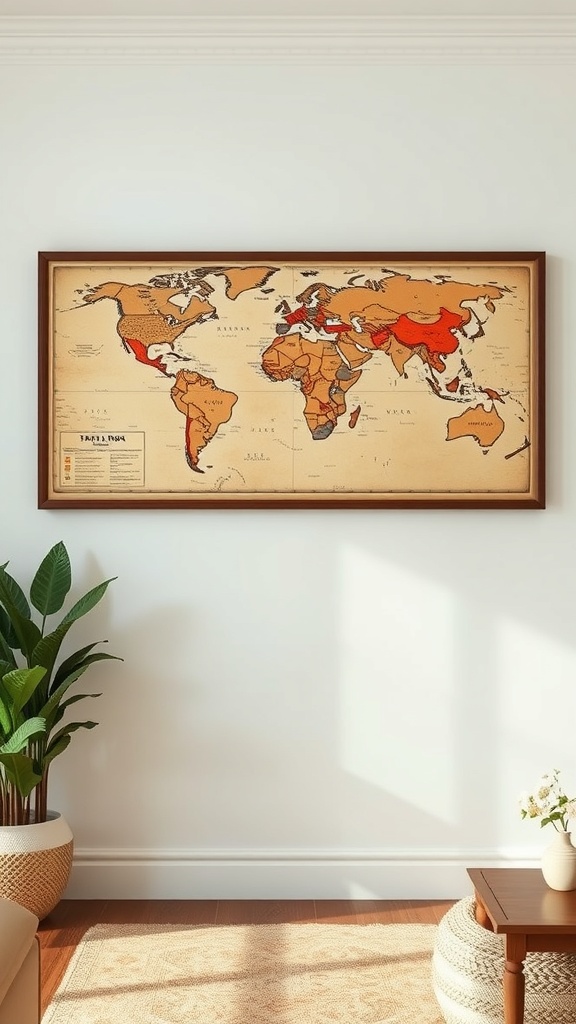 A vintage travel map framed on a wall in a cozy living room with plants and natural decor.