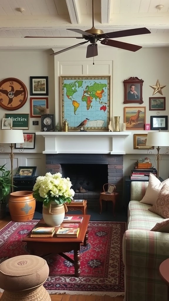 Cozy English cottage living room with vintage travel souvenirs, including a world map and framed photos.