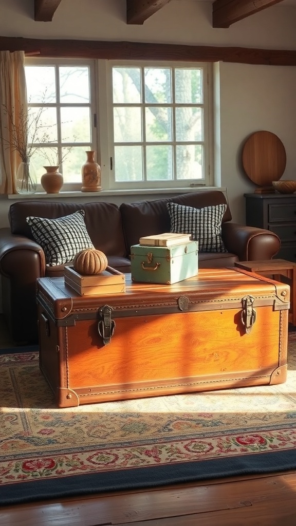 A vintage wooden trunk serving as a coffee table in a cozy living room
