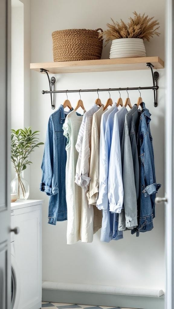 A wall-mounted drying rack displaying various garments in a stylish laundry room