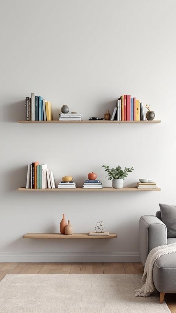 Wall-mounted floating bookshelves displaying colorful books and decorative items
