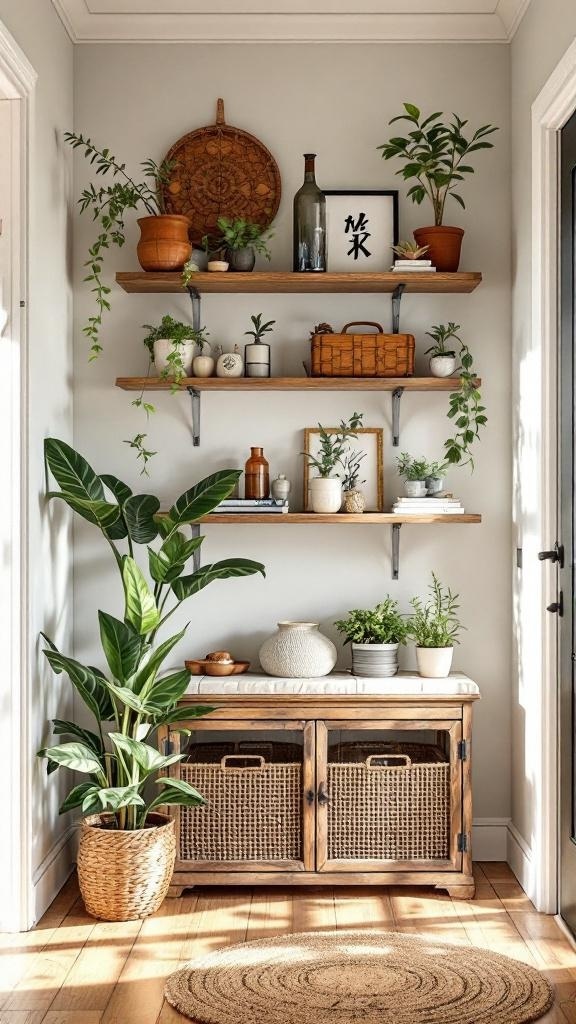 A narrow entryway featuring wall-mounted shelves with plants and decorative items.