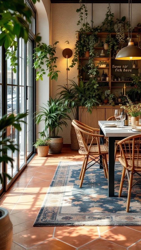 A cozy dining room featuring warm terracotta flooring, a stylish area rug, and lush greenery.