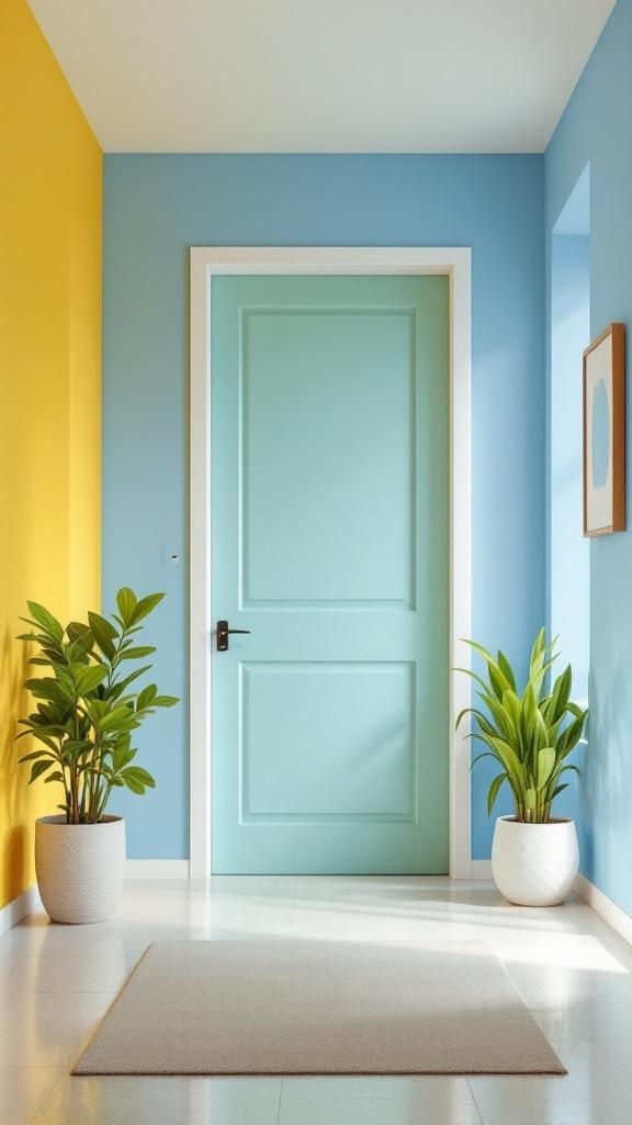 A modern entryway featuring yellow and blue walls, a mint green door, and potted plants.