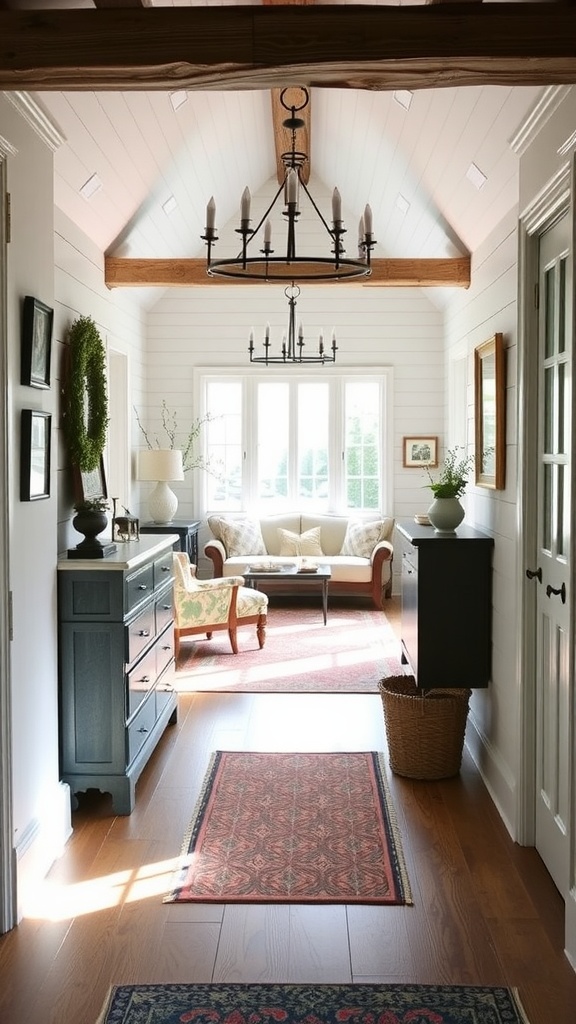 Welcoming entrance area of an English cottage living room with soft lighting, wooden beams, and decorative elements