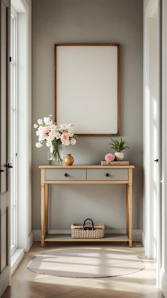 A stylish front hallway featuring a console table with a floral arrangement, decorative items, and a neutral color scheme.