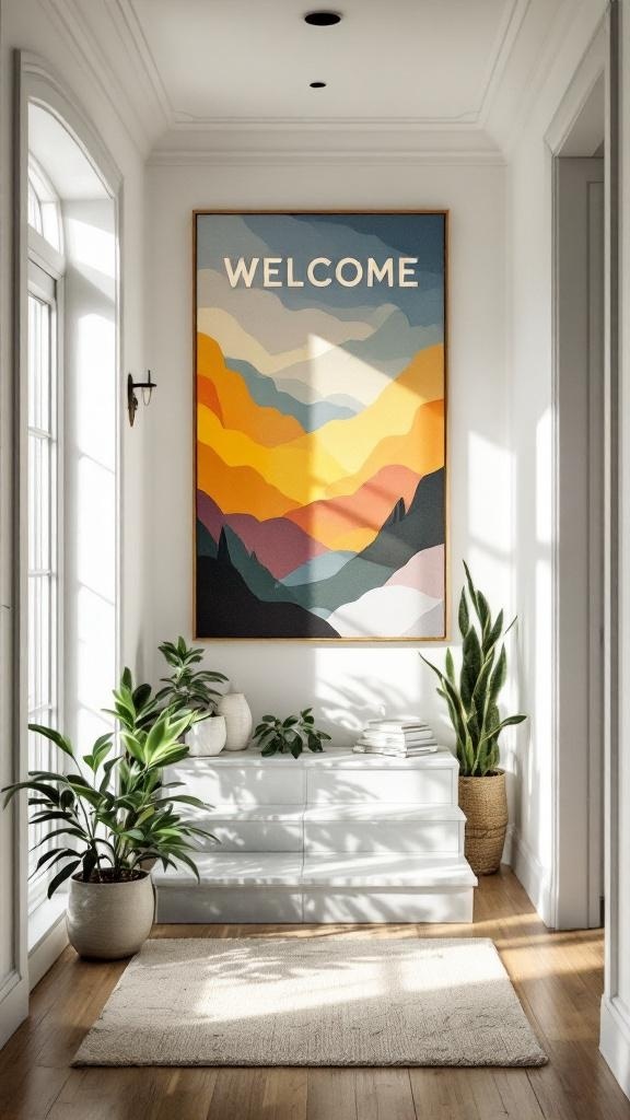 A narrow entryway featuring a large 'WELCOME' wall art, plants, and a cozy rug.