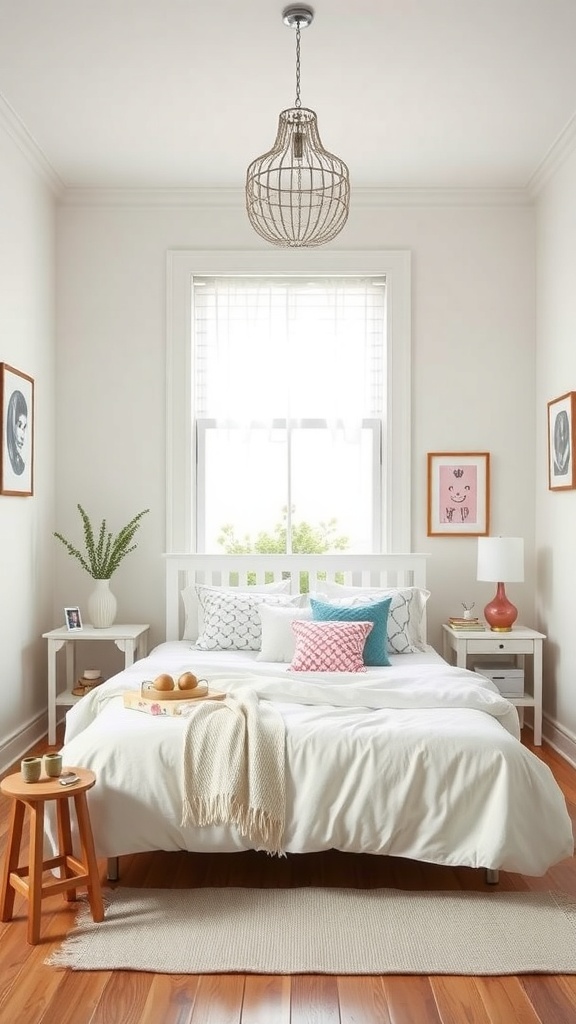 Minimalist bedroom with white bedding, an orange pouf, and quirky wall art.