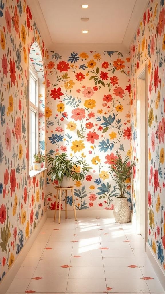 A hallway with whimsical floral wallpaper featuring colorful flowers and plants.