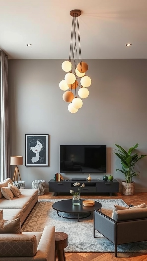 A cozy living room with various whimsical hanging light fixtures, showcasing different designs and warm lighting.