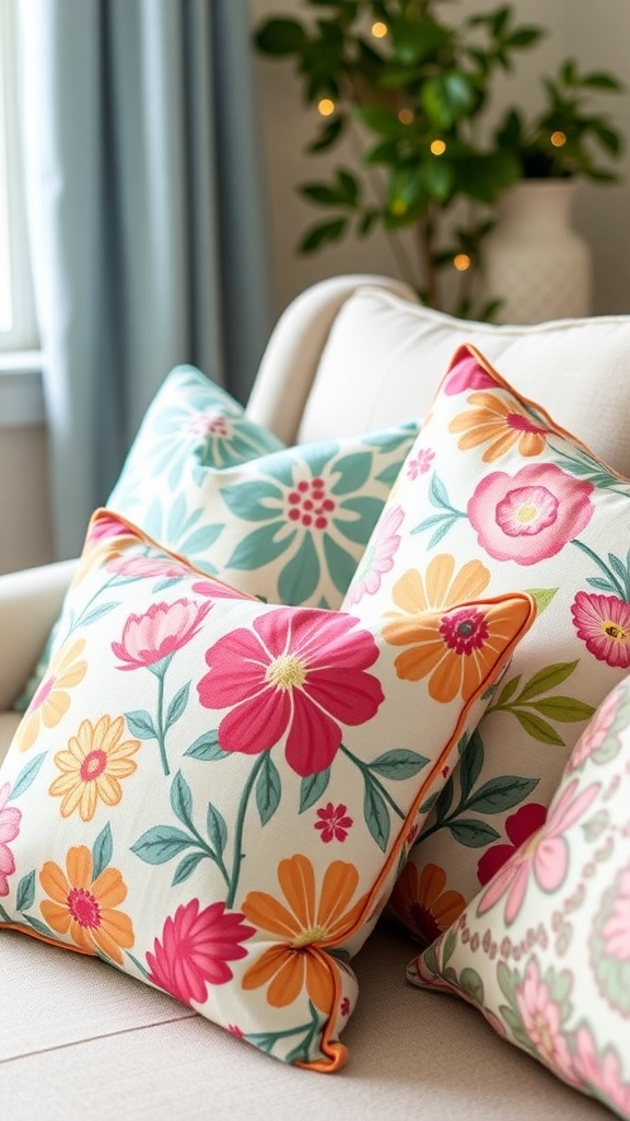 Two whimsical throw pillows with playful phrases on a light-colored sofa.