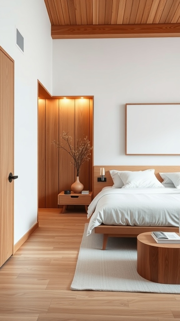 A minimalist bedroom featuring warm wood accents, a wooden ceiling, and soft white bedding.