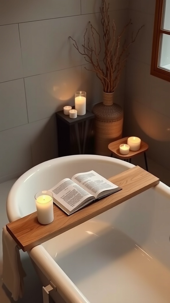 Wooden bathtub tray with candles and a book on a bathtub