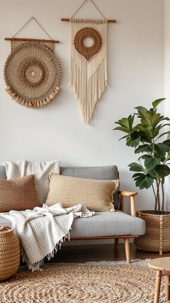 Cozy living room with woven wall hangings, a gray sofa, and natural decor elements.