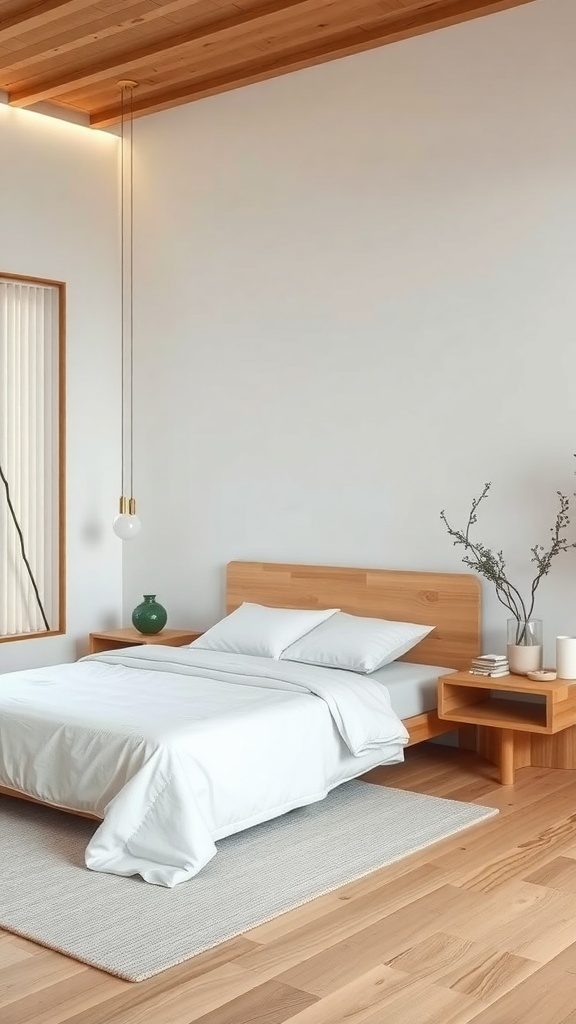 Minimalist bedroom with wooden ceiling, white bed linens, and natural decor elements