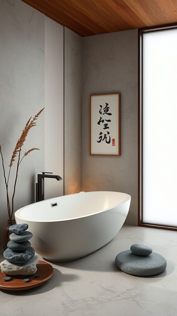 A serene Japandi bathroom featuring a freestanding tub, natural stone accents, and minimalistic decor.
