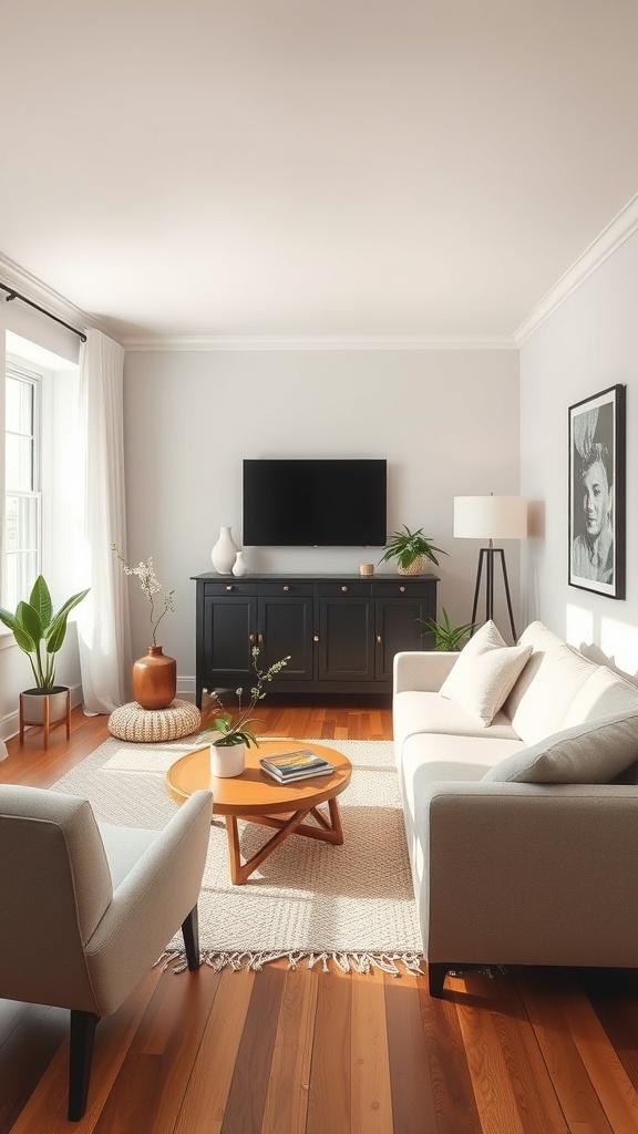A minimalistic small living room with a white couch, a green plant, and natural light.