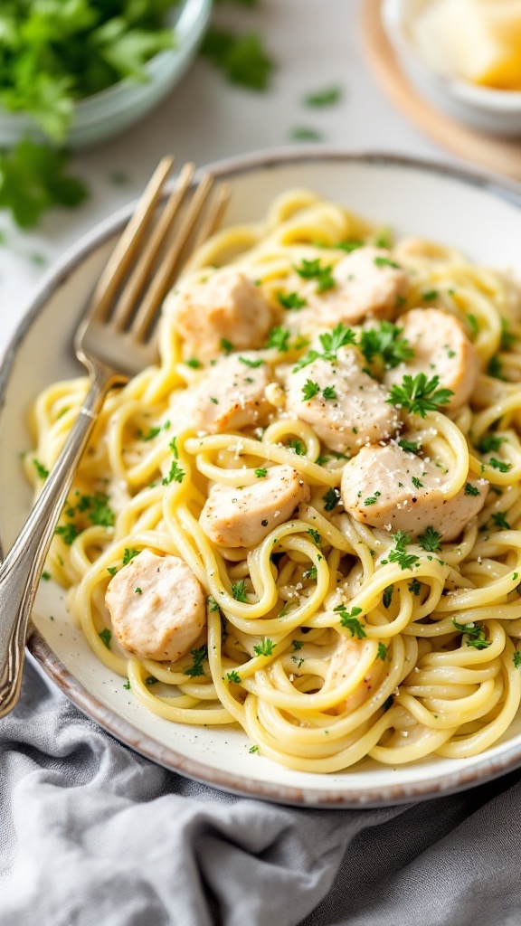 A bowl of zucchini noodle chicken alfredo garnished with parsley
