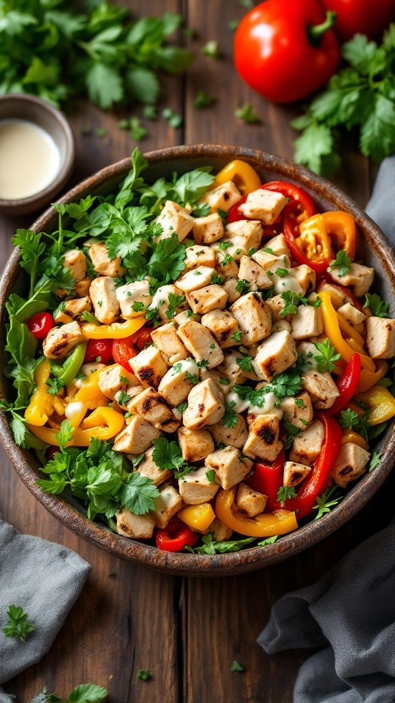 A colorful chicken salad with bell peppers and herbs in a rustic bowl, ideal for a healthy lunch.
